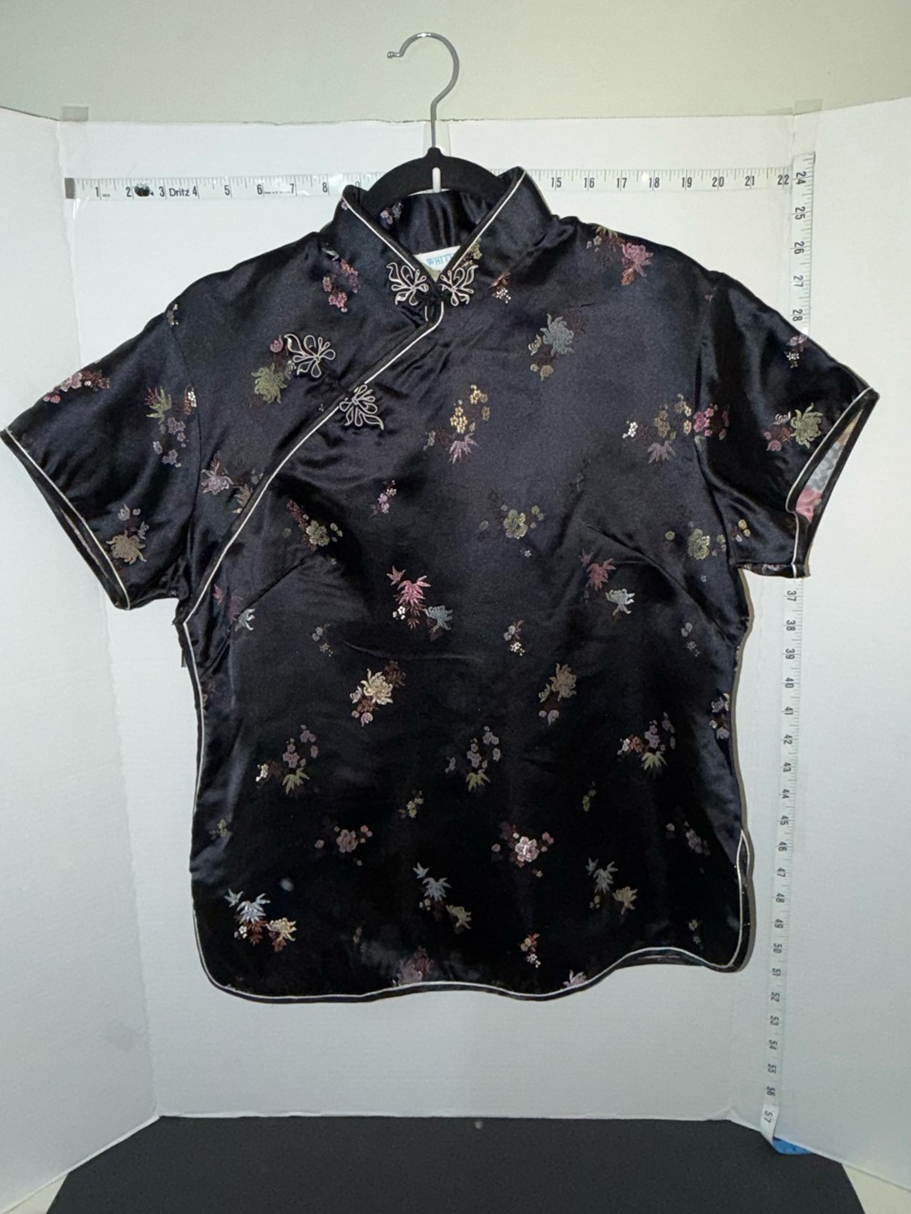 Women's Black Floral Satin Mandarin Collar frog closures zipper on side